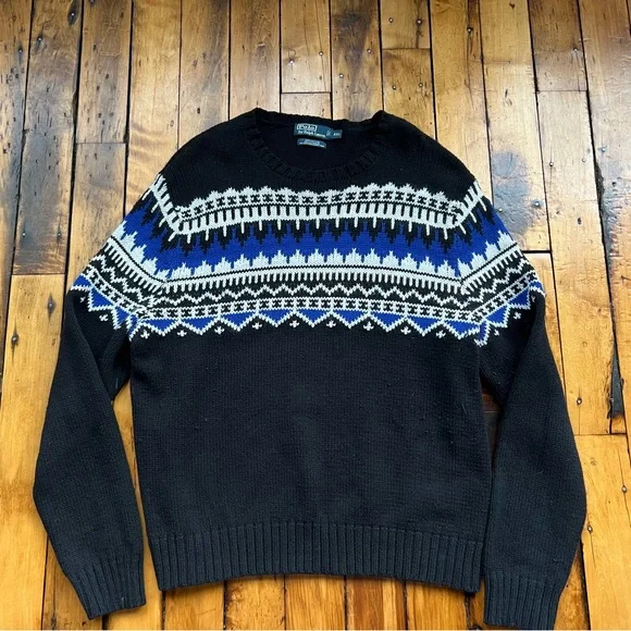 VTG Polo Ralph Lauren Men’s 2XL Black Cotton Cashmere Angora Fair Isle Sweater - Picture 2 of 8